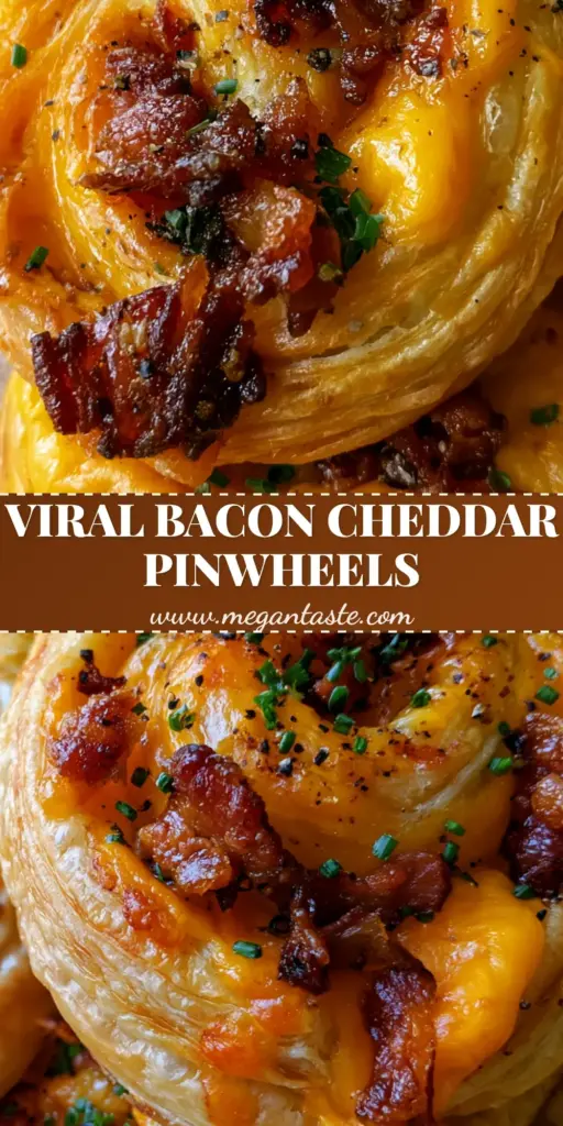 Bacon Puff Pinwheels with Sharp Cheddar and Fresh Chives 4 A tall stack of warm bacon puff pinwheels showing layers of flaky pastry, melted orange cheddar, and crispy bacon bits on a light wood surface. (bacon puff pinwheels)
