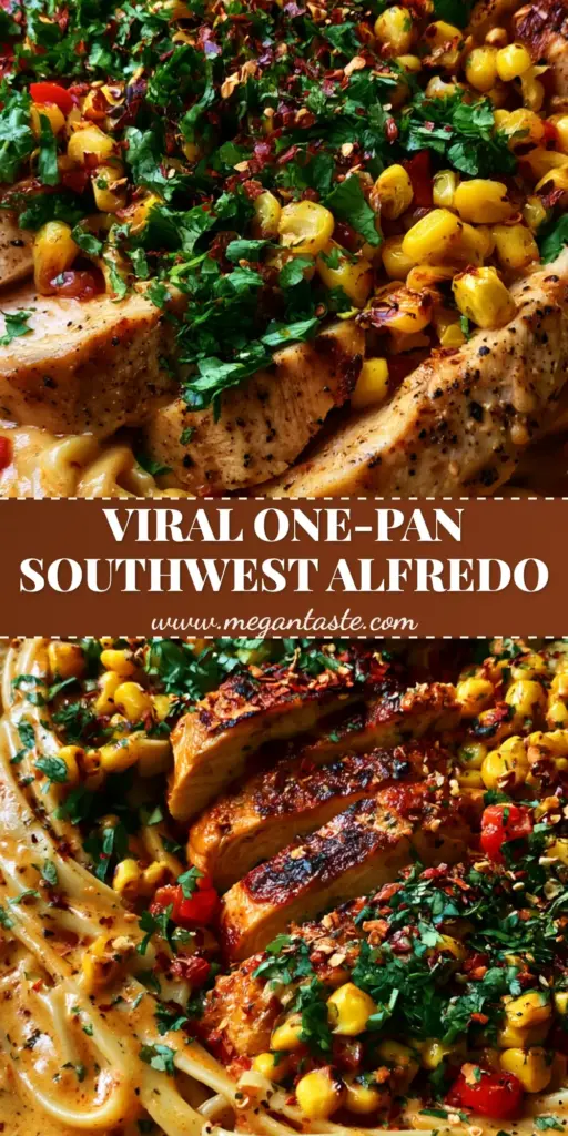 Southwest Chicken Alfredo with Smoky Chipotle Cream Sauce 3 Bird's eye view of a rustic skillet filled with Southwest chicken alfredo, featuring golden-brown seared chicken, charred corn, and a smoky orange cream sauce.