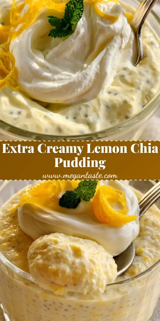 Lemon Cream Chia Pudding: The Ultimate Whipped Citrus Breakfast 4 A close-up vertical shot of lemon cream chia pudding in a fluted jar with a Greek yogurt swirl, mint, and a silver spoon scoop.