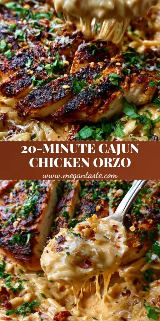 A stainless steel spoon lifting a creamy portion of Cajun Chicken Alfredo Orzo from a rustic skillet, showing blackened chicken slices and a slight cheese pull.