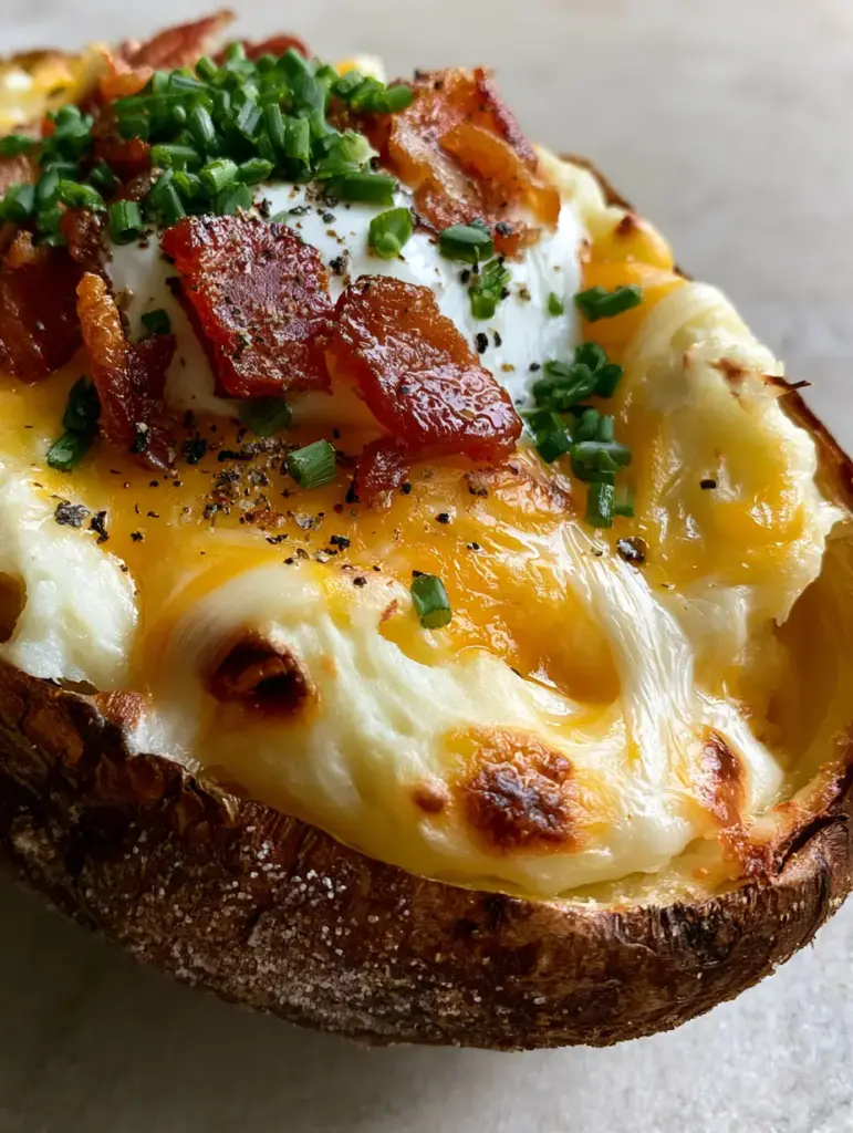 Cheesy Stuffed Potatoes with Crispy Bacon and Garlic Butter 2 A close-up of a salt-crusted russet potato filled with whipped potato mash and molten yellow cheese. (cheesy stuffed potatoes)