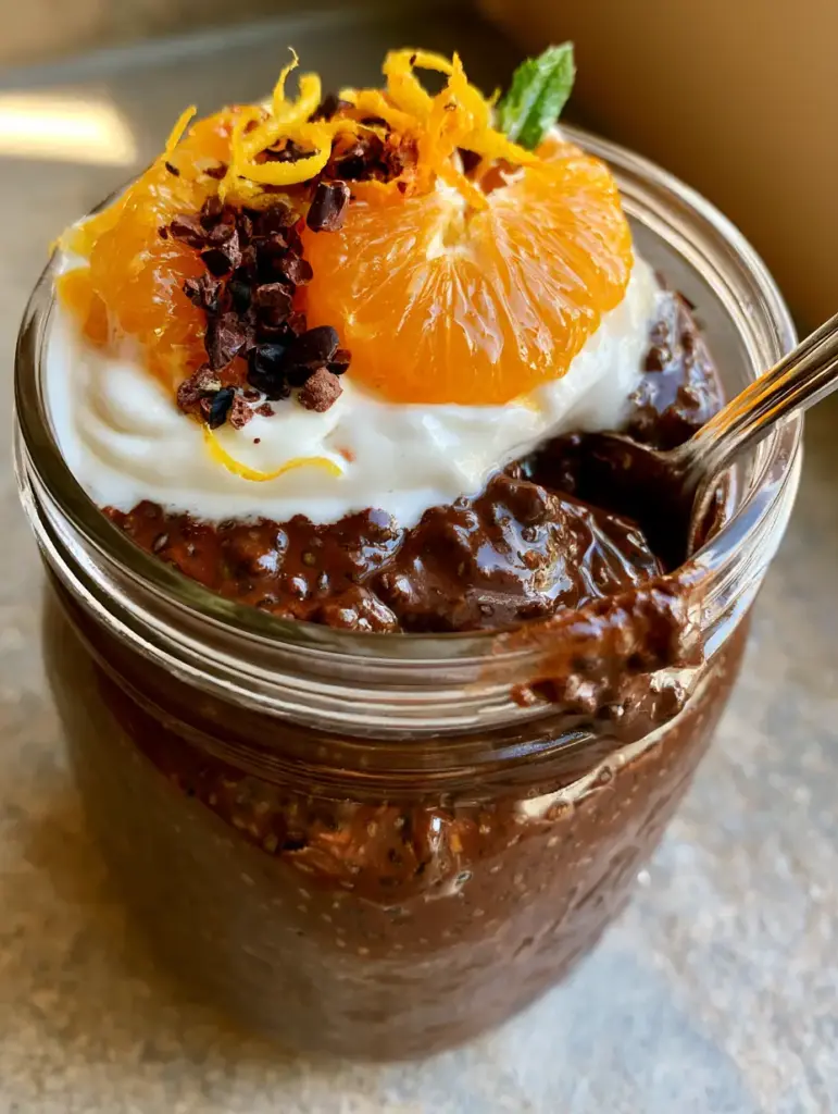 Chocolate Orange Chia Pudding: Easy 5-Minute Meal Prep Dessert 1 A silver spoon dipped into a jar of Chocolate Orange Chia Pudding, revealing the creamy interior layers.