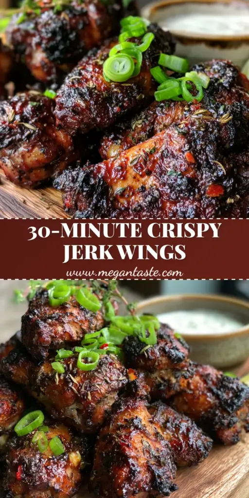 A heap of crispy Jamaican Jerk Chicken Wings with a dark mahogany glaze, charred edges, and fresh scallions on a wooden board.