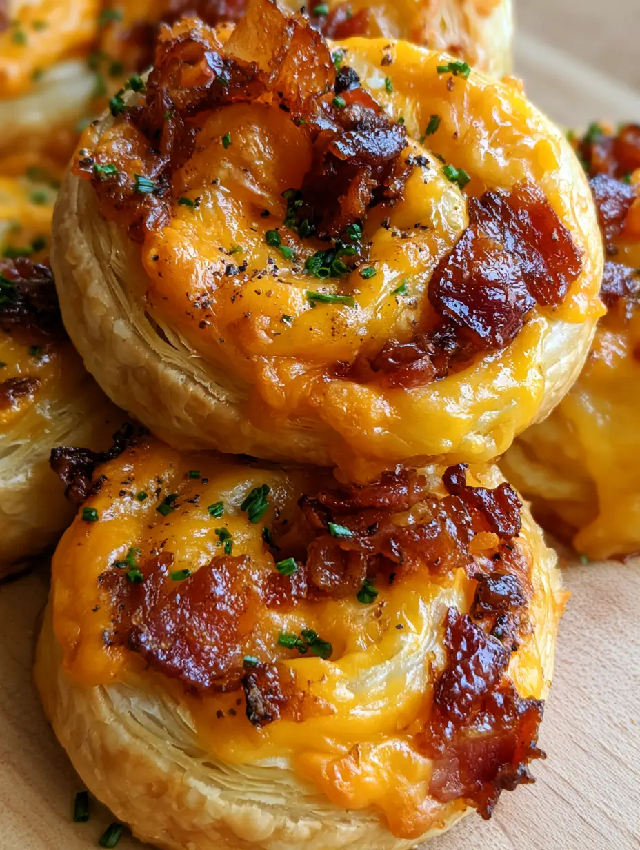 Bacon Puff Pinwheels with Sharp Cheddar and Fresh Chives 3 Extreme macro close-up of bacon puff pinwheels with bubbling sharp cheddar cheese and crispy dark-honey bacon. (bacon puff pinwheels)