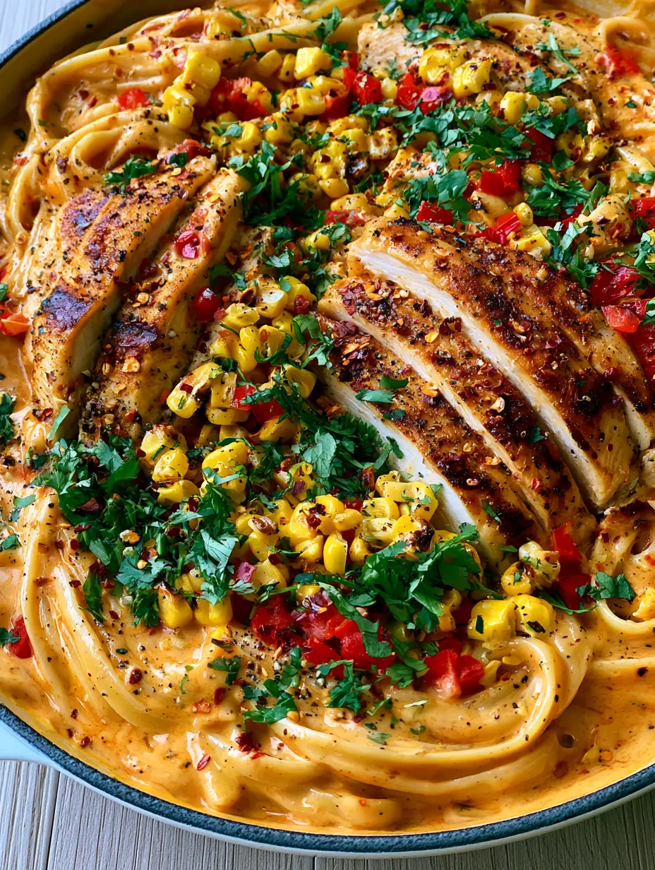 Southwest Chicken Alfredo with Smoky Chipotle Cream Sauce 4 A close-up shot of glossy orange chipotle cream sauce coating al dente fettuccine in a Southwest chicken alfredo dish.