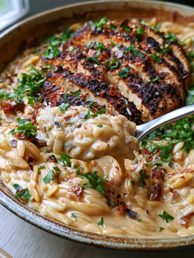 Close-up of Cajun Chicken Alfredo Orzo in a ceramic skillet, featuring seared chicken breast, vibrant parsley, and sun-dried tomatoes in a pale-orange sauce.