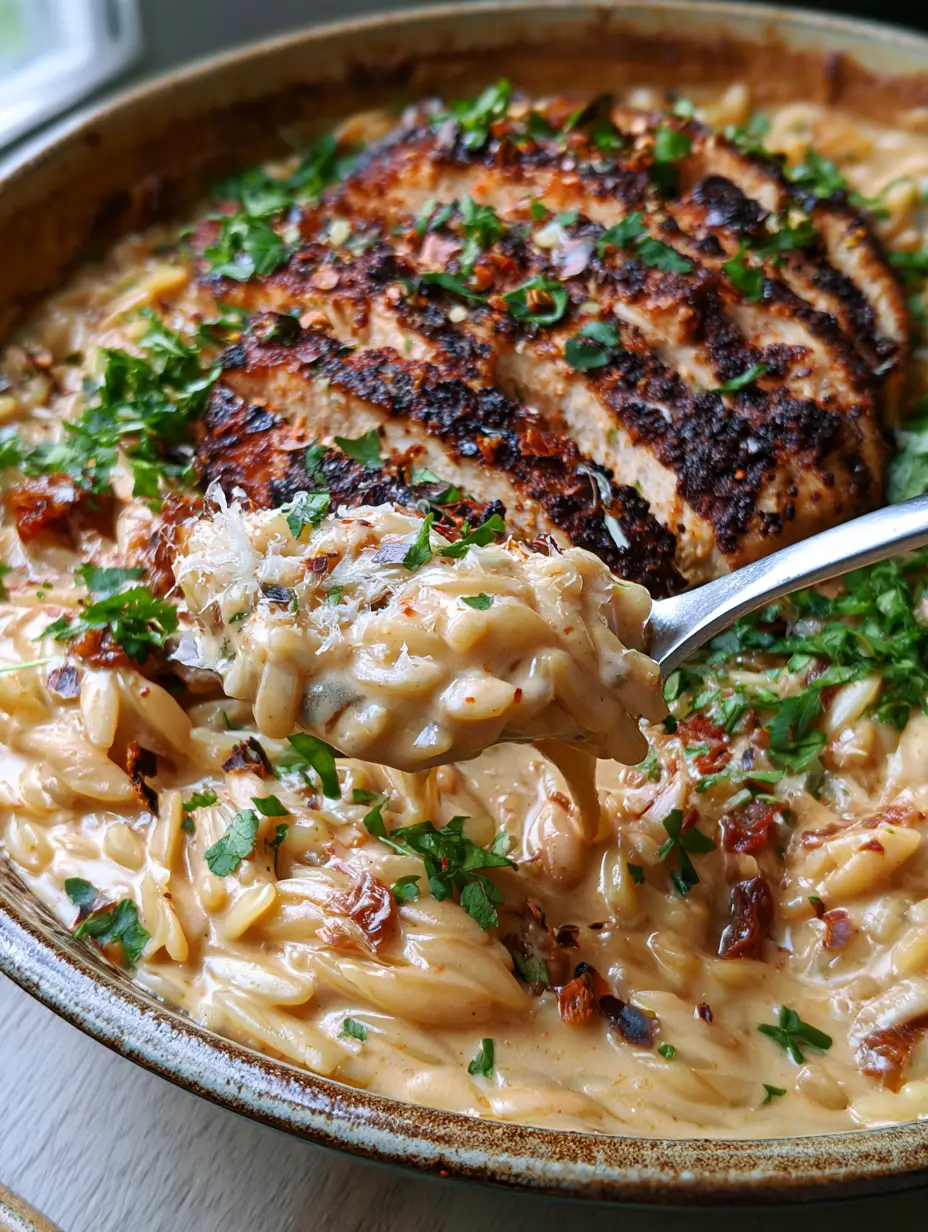 Close-up of Cajun Chicken Alfredo Orzo in a ceramic skillet, featuring seared chicken breast, vibrant parsley, and sun-dried tomatoes in a pale-orange sauce.