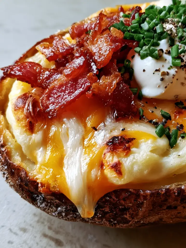 Cheesy Stuffed Potatoes with Crispy Bacon and Garlic Butter 1 A top-down view of a twice-baked potato topped with glistening bacon bits and fresh green chives.
