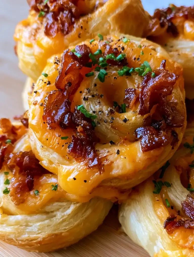 Bacon Puff Pinwheels with Sharp Cheddar and Fresh Chives 1 A close-up shot of golden-brown bacon puff pinwheels garnished with fresh green chives and cracked black pepper.