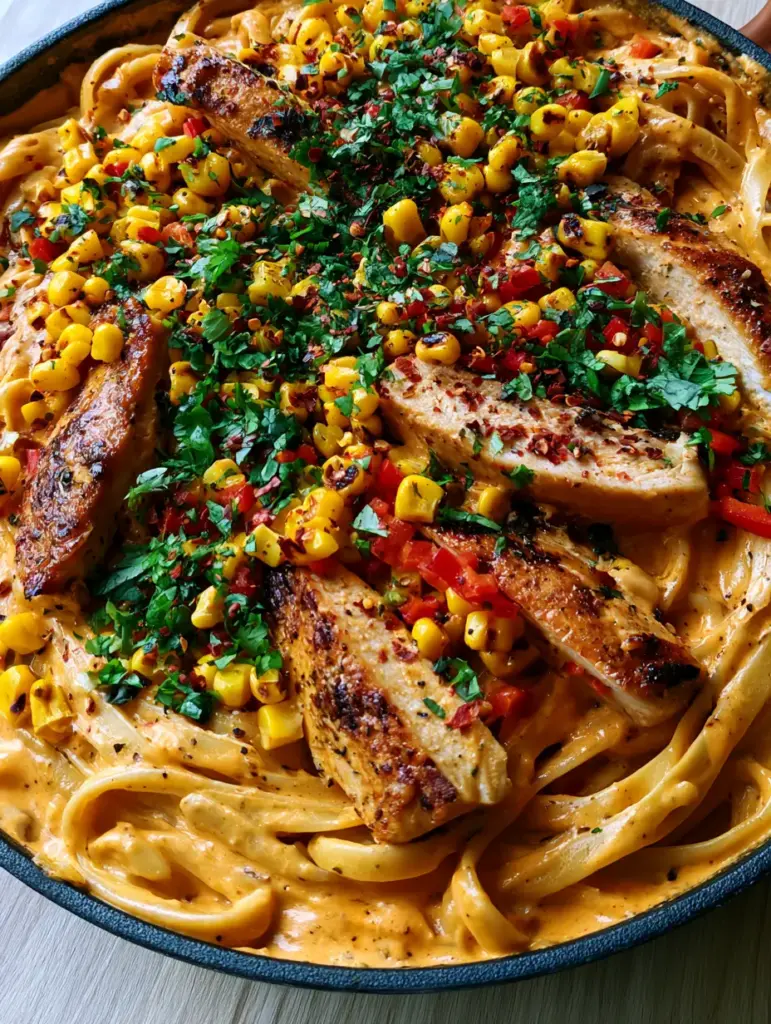 Southwest Chicken Alfredo with Smoky Chipotle Cream Sauce 1 Golden-brown seared chicken slices and charred corn kernels garnishing a plate of Southwest chicken alfredo.