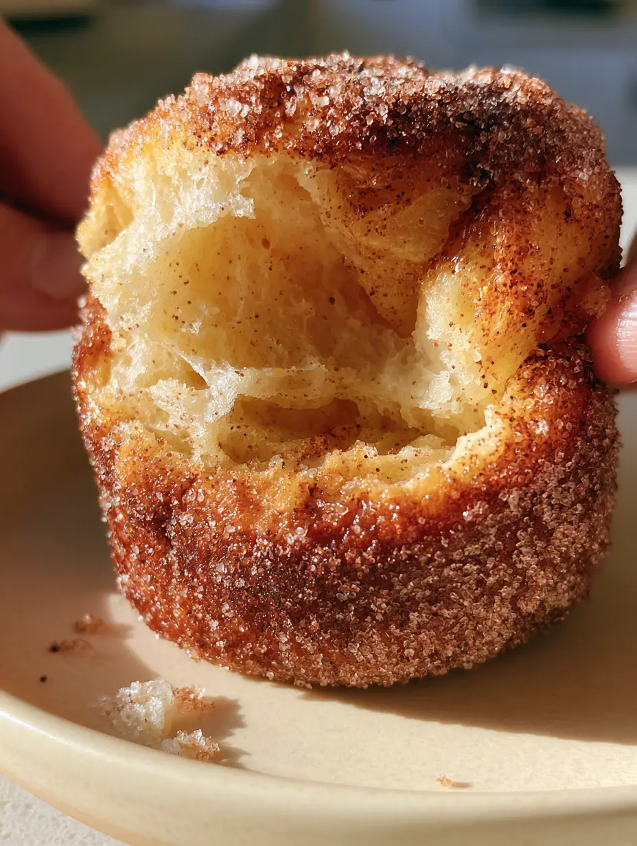 French breakfast puffs: The Fluffiest Cinnamon-Sugar Muffin Secret 3 Extreme close-up of a fluffy French breakfast puff with a deep golden-brown crust and glistening cinnamon sugar granules.