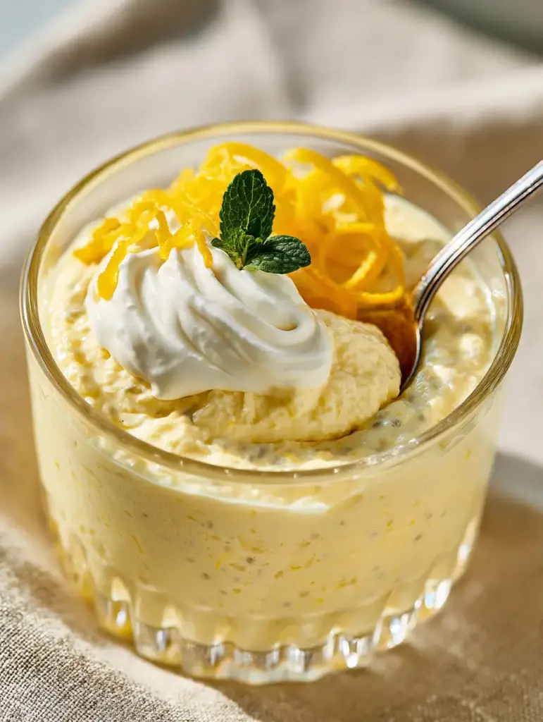 Lemon Cream Chia Pudding: The Ultimate Whipped Citrus Breakfast 1 Minimalist fluted glass jar filled with pale yellow lemon cream chia pudding topped with zest.