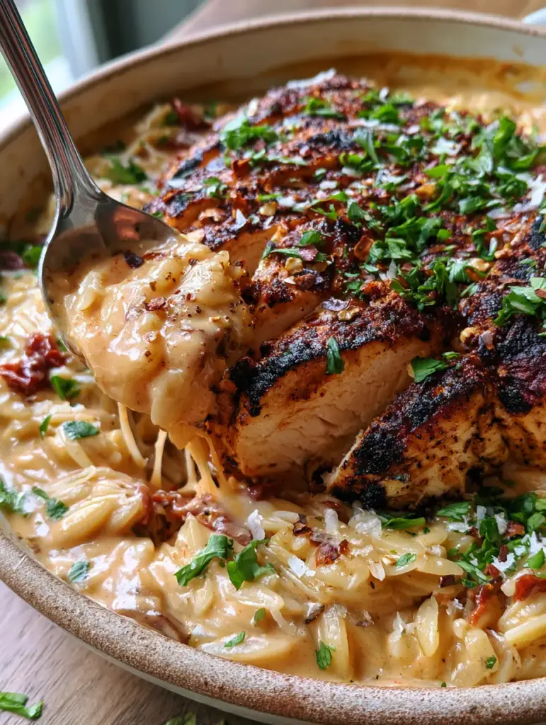 Top-down view of the Cajun Chicken Alfredo Orzo showing the micro-planed parmesan and red pepper flake garnish over juicy blackened chicken slices.
