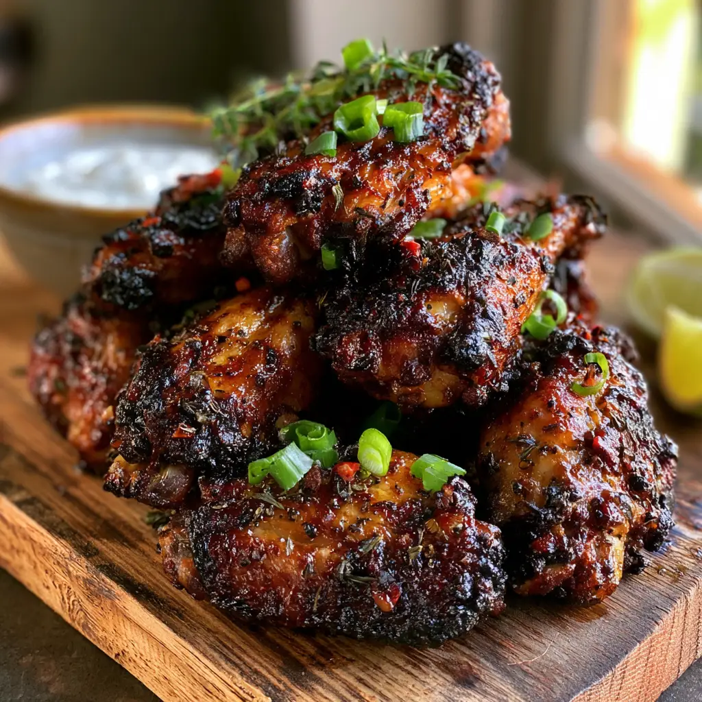 A rustic wooden board featuring Jamaican Jerk Chicken Wings, a bowl of white dipping sauce, and fresh lime wedges.