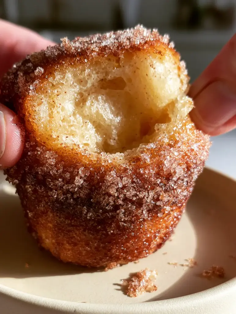 French breakfast puffs: The Fluffiest Cinnamon-Sugar Muffin Secret 1 A steamy French breakfast puff being held by soft hands, showing the airy texture and melted butter coating.