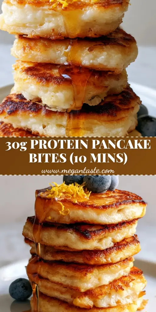 Cottage Cheese Pancake Bites: The Fluffiest High-Protein Breakfast 3 A tall stack of Cottage Cheese Pancake Bites on a white ceramic plate with a thick stream of maple syrup dripping down.