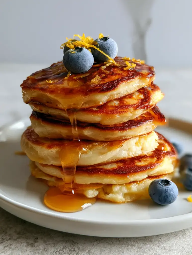 Cottage Cheese Pancake Bites: The Fluffiest High-Protein Breakfast 2 A handheld smartphone photo of golden-brown Cottage Cheese Pancake Bites topped with blueberries and lemon zest.