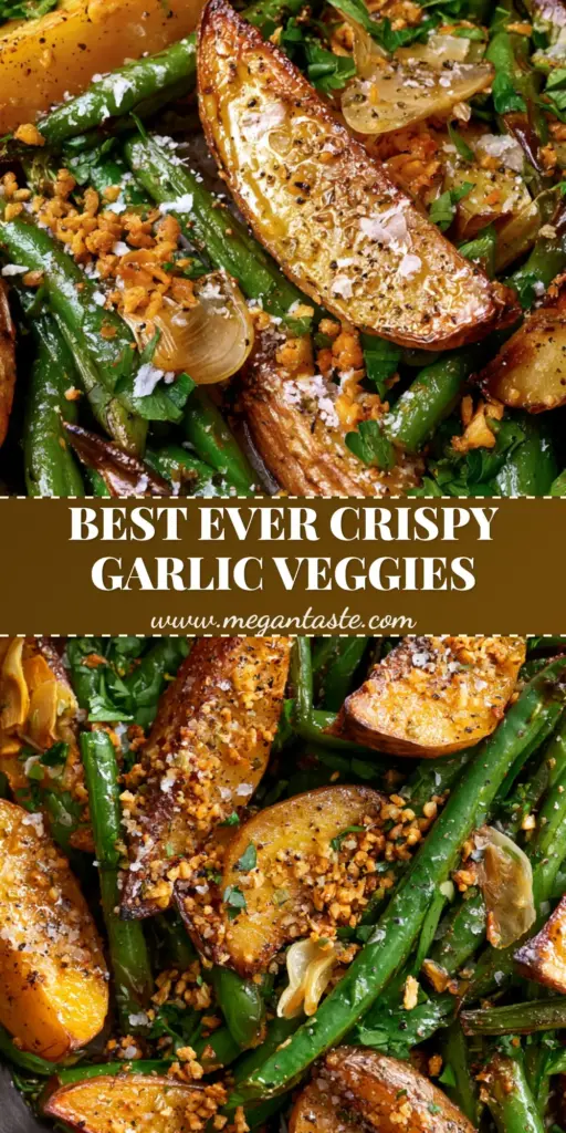 Garlic Potatoes and Green Beans with Crispy Roasted Garlic 3 A rustic dark metal tray filled with crispy charred Yukon Gold potato wedges and blistered green beans, garnished with golden fried garlic and fresh parsley. (Garlic Potatoes and Green Beans)