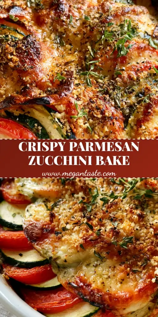 Parmesan Tomato Zucchini Bake with a Crispy Herb Crust 4 A vertical handheld smartphone photo of a Crispy Parmesan Tomato Zucchini Bake in a white ceramic baking dish with shingled zucchini and tomatoes.