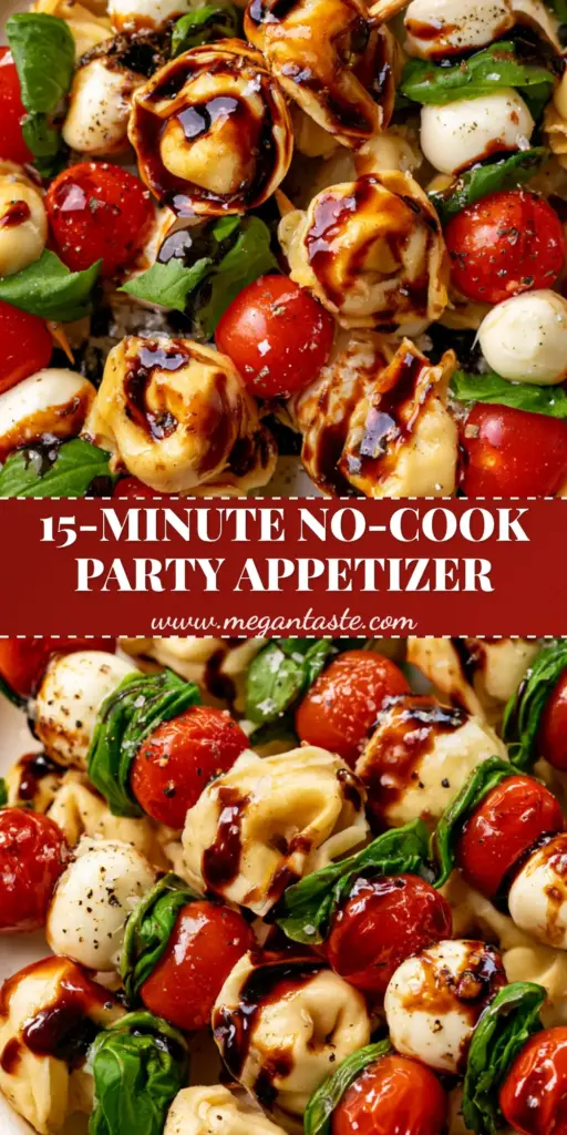 A top-down view of elegant Caprese Tortellini Skewers on a white platter featuring cheese tortellini, mozzarella, basil, and tomatoes with a mahogany balsamic drizzle.