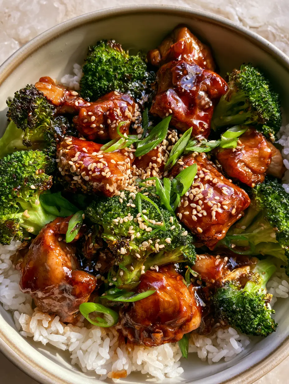 Close-up of Teriyaki Chicken With Broccoli showing the bubbling mahogany glaze and toasted sesame seeds.