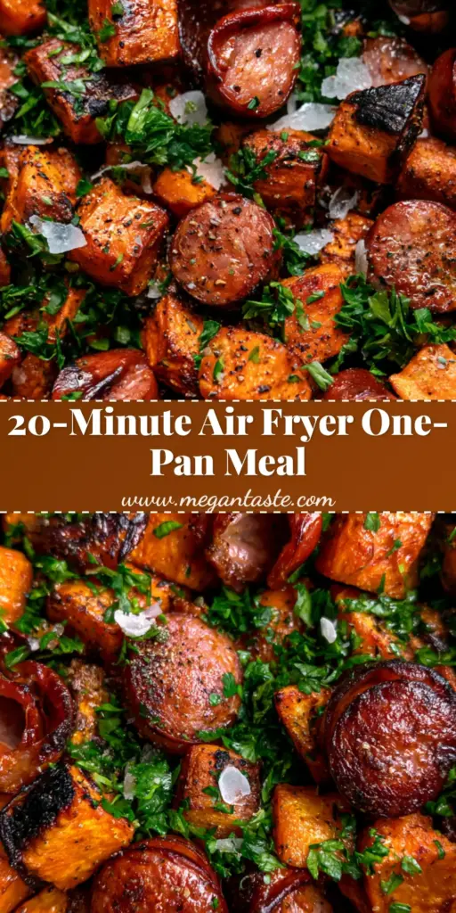 Sausage and Sweet Potatoes: The Ultimate Crispy Air Fryer Recipe 4 A close-up vertical shot of roasted Sausage and Sweet Potatoes in an air fryer basket, garnished with parsley and sea salt flakes.