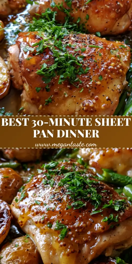 Sheet Pan Honey Dijon Chicken with Crispy Potatoes and Blistered Green Beans 3 A close-up vertical shot of Sheet Pan Honey Dijon Chicken with glossy glaze, mustard seeds, crispy potatoes, and blistered green beans.
