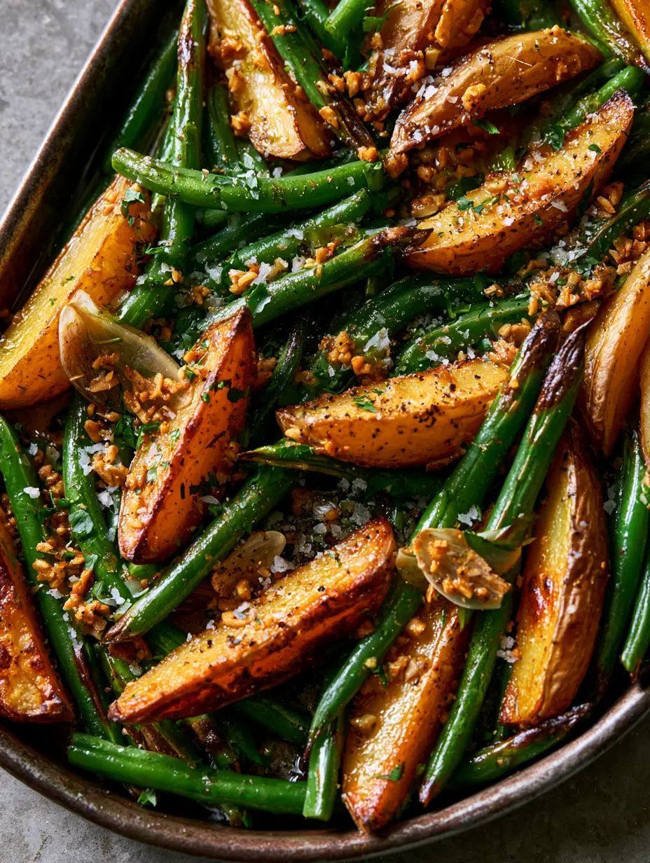 Garlic Potatoes and Green Beans with Crispy Roasted Garlic 4 Extreme close-up of golden-brown roasted potato wedges with jagged crispy edges and vibrant green beans on a dark sheet pan. (Garlic Potatoes and Green Beans)