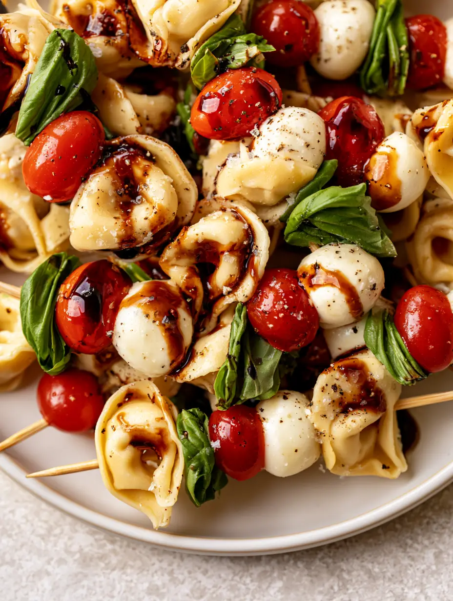 Close-up of cheese tortellini skewers with mozzarella pearls and cherry tomatoes, drizzled with glossy dark balsamic glaze on a white ceramic plate.