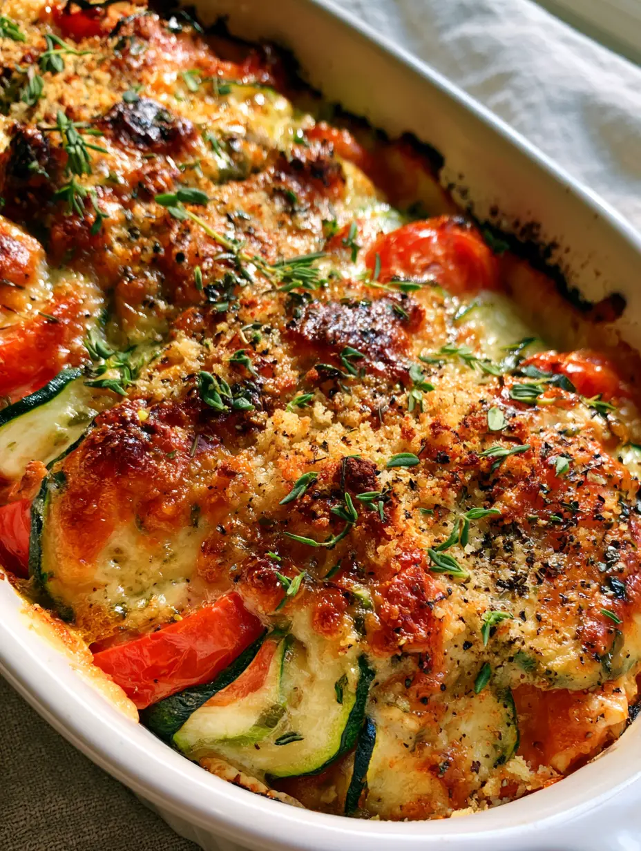 Parmesan Tomato Zucchini Bake with a Crispy Herb Crust 3 Close up of melted parmesan cheese crust on a Parmesan Tomato Zucchini Bake showing crispy cheese lace and charred edges.
