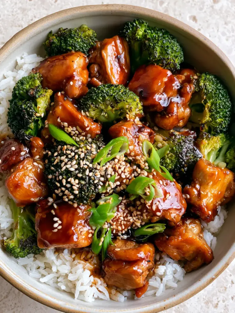 High-angle shot of a bowl of Teriyaki Chicken With Broccoli highlighting the vibrant green broccoli and fluffy jasmine rice.