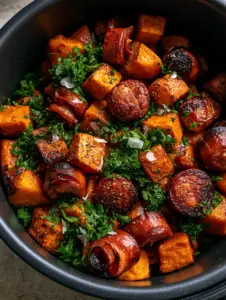 Top-down view of Sausage and Sweet Potatoes showing vibrant orange cubes and seared kielbasa in a matte black air fryer.