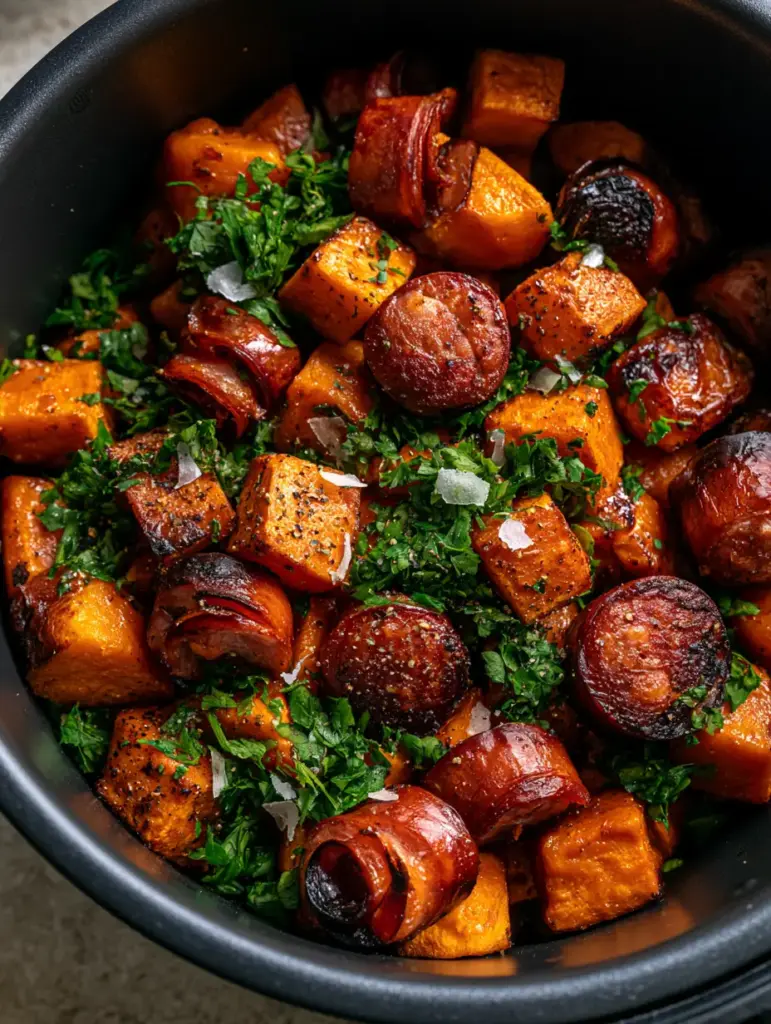 Sausage and Sweet Potatoes: The Ultimate Crispy Air Fryer Recipe 2 Top-down view of Sausage and Sweet Potatoes showing vibrant orange cubes and seared kielbasa in a matte black air fryer.