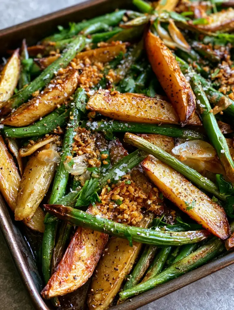 Garlic Potatoes and Green Beans with Crispy Roasted Garlic 1 A glistening pile of roasted potatoes and green beans showing bits of fried minced garlic and whole roasted garlic cloves.