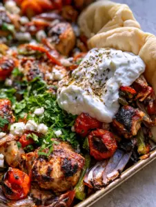 Close-up shot of golden-brown chicken pieces with crispy charred edges and burst cherry tomatoes on a stone background. (sheet pan chicken pitas)