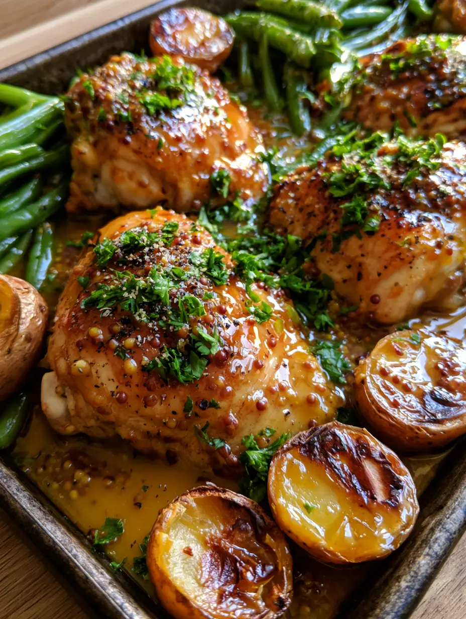 Sheet Pan Honey Dijon Chicken with Crispy Potatoes and Blistered Green Beans 4 Extreme macro of crispy chicken skin covered in honey dijon glaze with whole grain mustard seeds. (Sheet Pan Honey Dijon Chicken)
