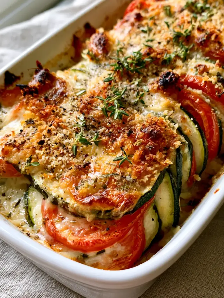 Parmesan Tomato Zucchini Bake with a Crispy Herb Crust 1 Layered green zucchini and red tomatoes in a white ceramic dish before baking into a Parmesan Tomato Zucchini Bake.