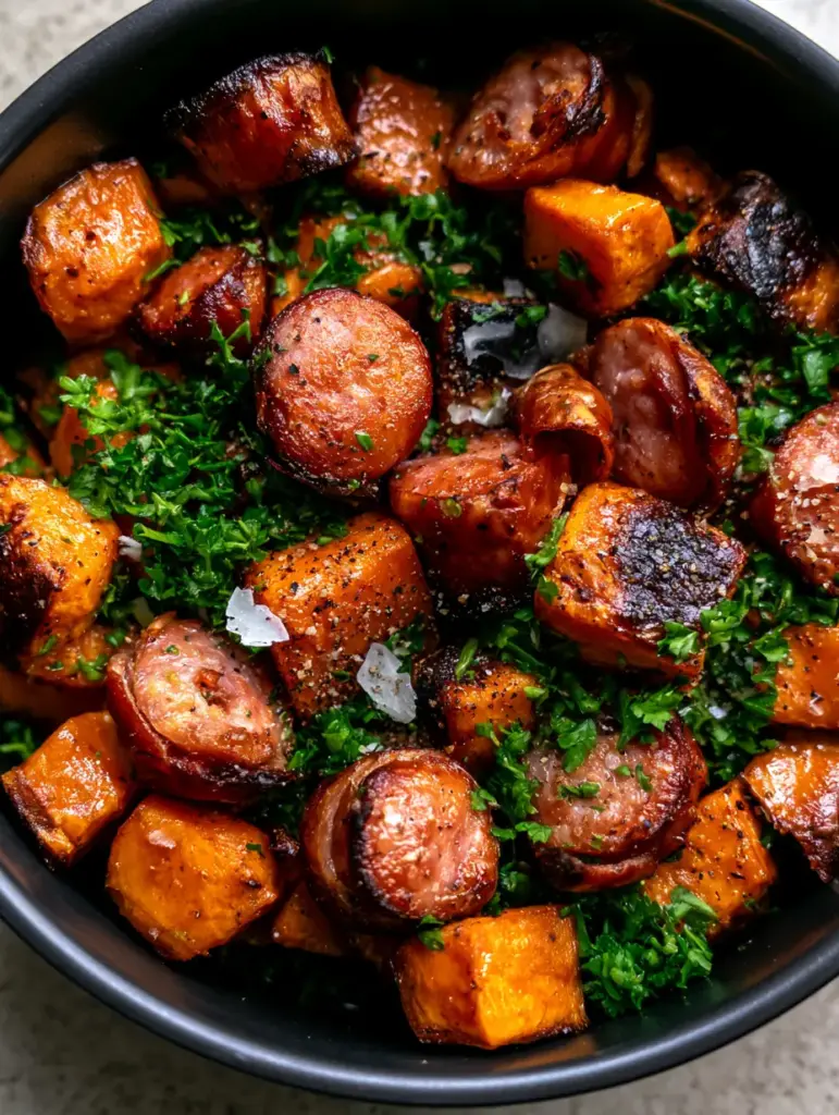 Sausage and Sweet Potatoes: The Ultimate Crispy Air Fryer Recipe 1 Macro shot of seared sausage rounds and roasted sweet potatoes with an olive oil sheen and fresh herbs.