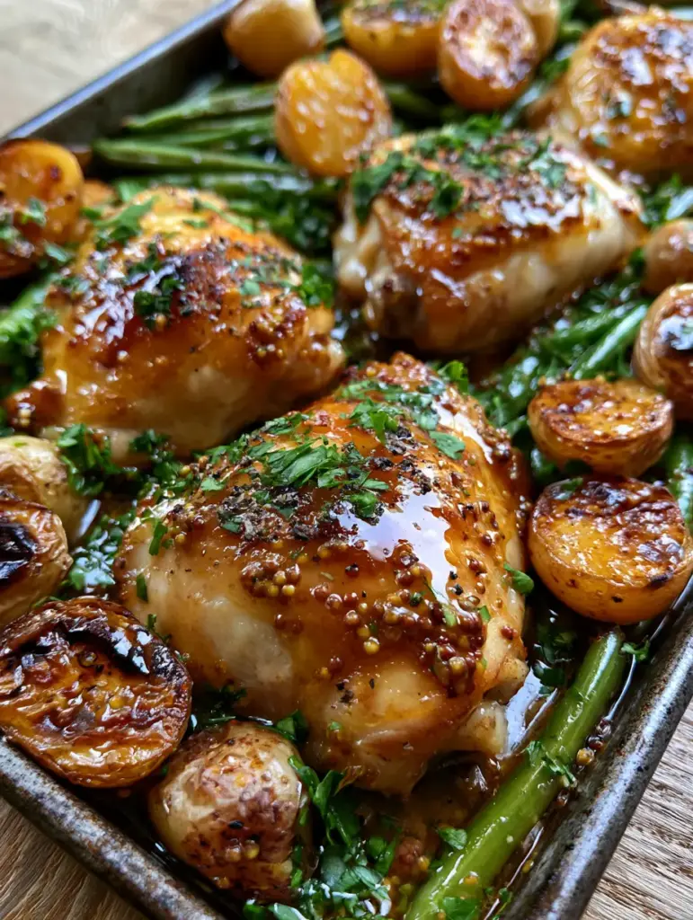 Sheet Pan Honey Dijon Chicken with Crispy Potatoes and Blistered Green Beans 1 Roasted baby Yukon gold potatoes with caramelized edges next to snappy blistered green beans. (Sheet Pan Honey Dijon Chicken)
