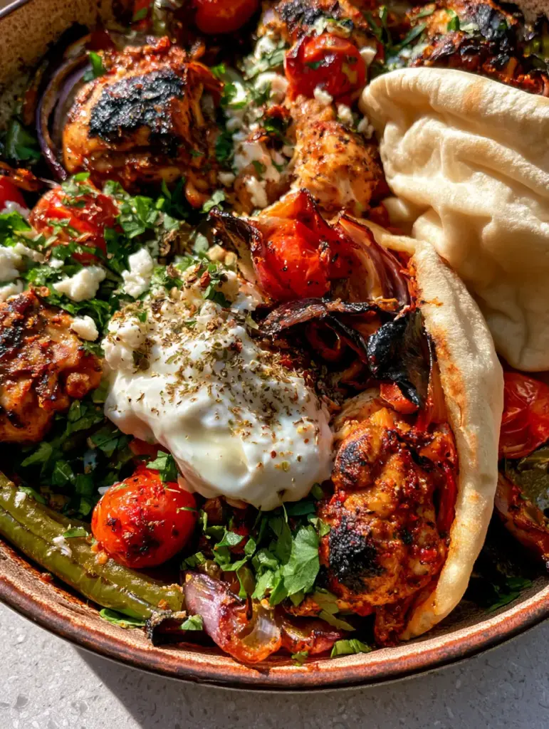 Sheet Pan Chicken Pitas: The Ultimate Mediterranean Charred Feast 1 A thick, fluffy pita stuffed with Mediterranean roasted chicken, melted tzatziki, and feta cheese. (sheet pan chicken pitas)