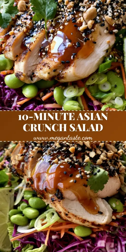 A vibrant Asian Vegetable Salad with golden chicken, purple cabbage, and edamame in a cream bowl.