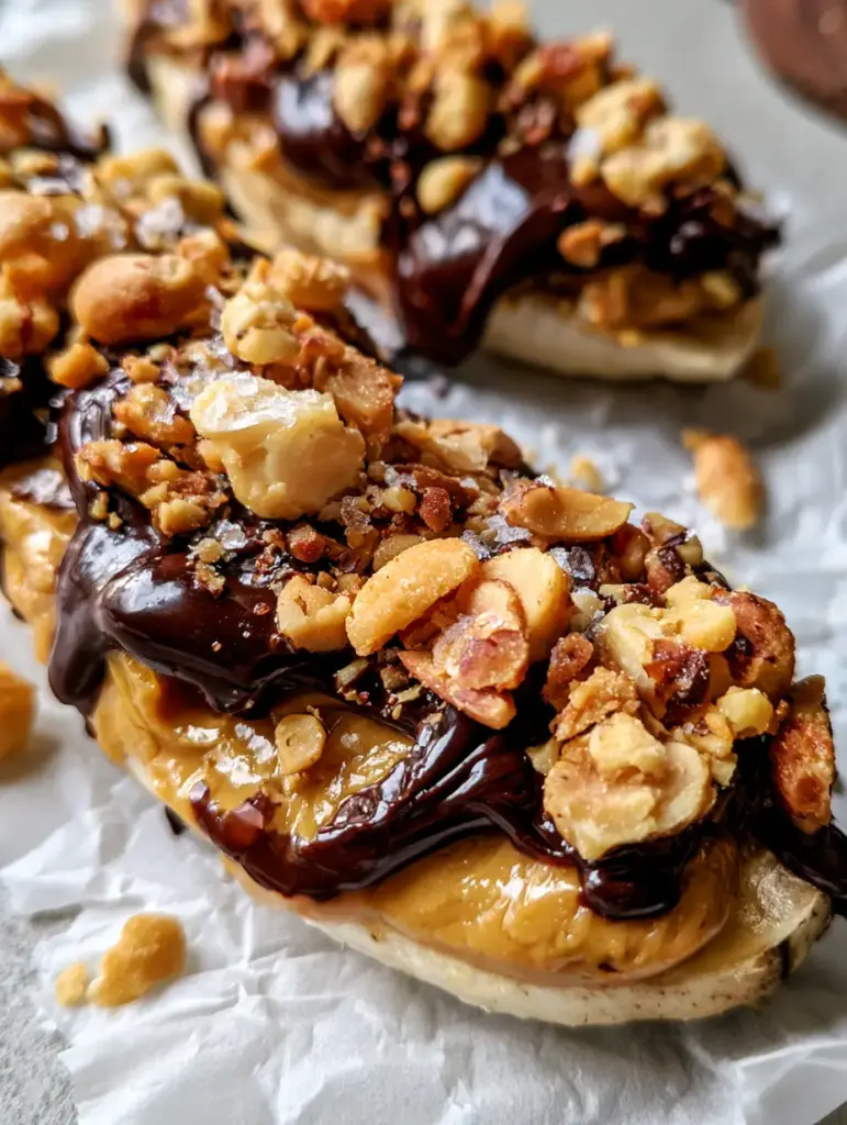Banana snickers: The Ultimate 5-Ingredient Healthy Viral Snack 1 Detailed view of crushed honey-roasted peanuts and flaky sea salt on a Banana snickers snack.