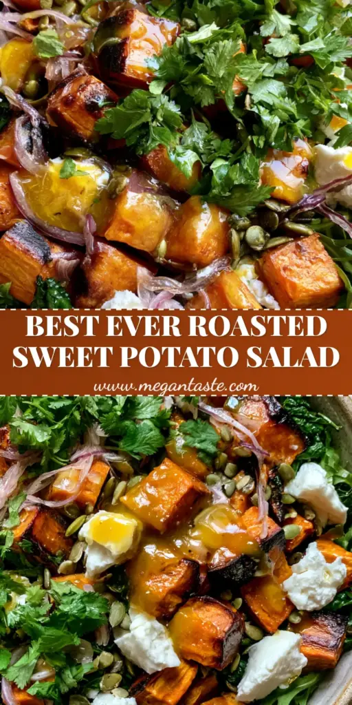 Sweet Potato Salad with Roasted Kale and Golden Vinaigrette 4 A rustic bowl filled with roasted Sweet Potato Salad, showing charred orange potato cubes, dark massaged kale, bright arugula, white feta chunks, and a golden vinaigrette drizzle.