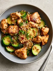 Close-up of seared chicken breast cubes and charred zucchini half-moons in a stir fry. (zucchini stir fry)