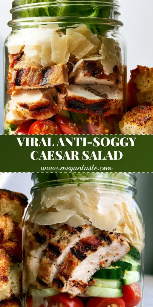 Chicken Caesar Salad Meal Prep Jars (The Viral Anti-Soggy Method) 4 A tall glass meal prep jar with Chicken Caesar Salad layers including creamy dressing, cherry tomatoes, seared chicken breast, parmesan curls, and crisp romaine lettuce.