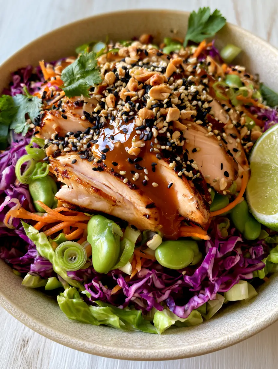 Close up of Asian Vegetable Salad showing shredded purple cabbage and golden chicken breast.