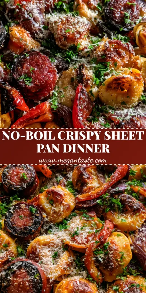 A close-up shot of Sheet Pan Kielbasa and Tortellini featuring crispy roasted pasta, seared sausage, and charred peppers on a rustic metal pan.
