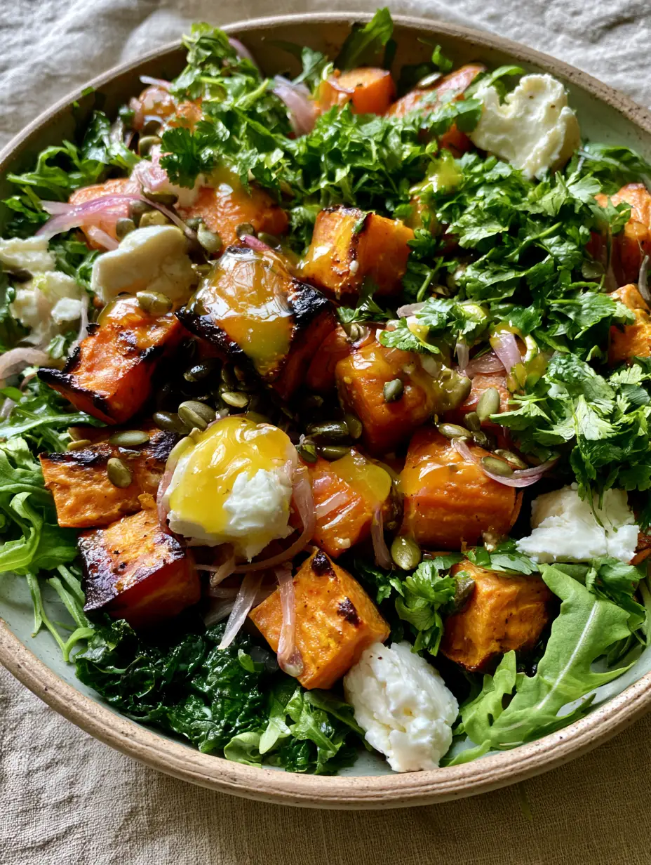 Sweet Potato Salad with Roasted Kale and Golden Vinaigrette 3 Close up view of caramelized roasted sweet potato cubes in a salad with kale and arugula. (Sweet Potato Salad)