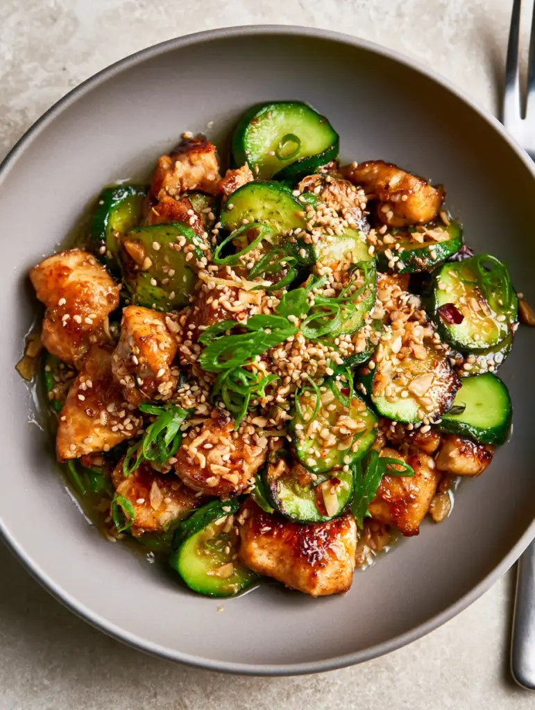 Top-down view of a modern ceramic bowl filled with garlic butter zucchini stir fry and chili flakes.