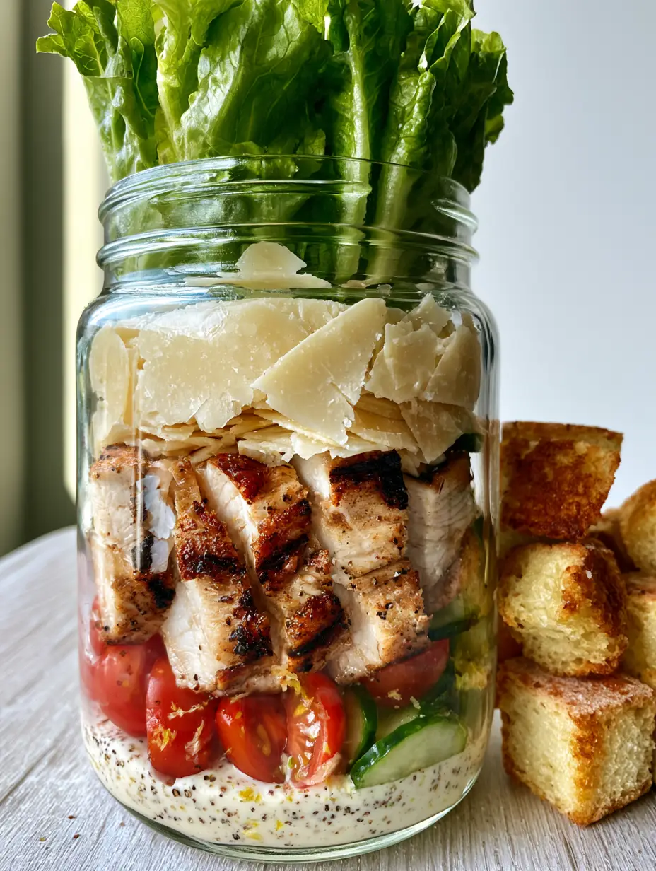 Chicken Caesar Salad Meal Prep Jars (The Viral Anti-Soggy Method) 3 Macro shot of the bottom layers of a Chicken Caesar Salad jar featuring creamy dressing with lemon zest and cracked black pepper.